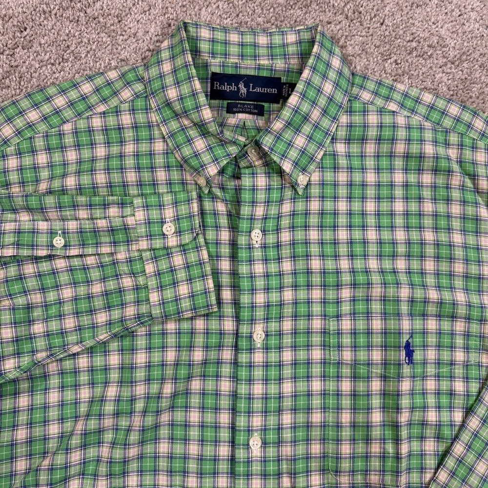 Ralph Lauren Blake Button Down Shirt L Green Plaid Oxford Preppy‎ Classic Logo